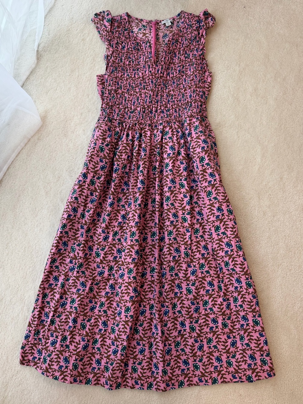 J. Crew Pink Floral Smocked Ruffle Sleeves Cotton Dress